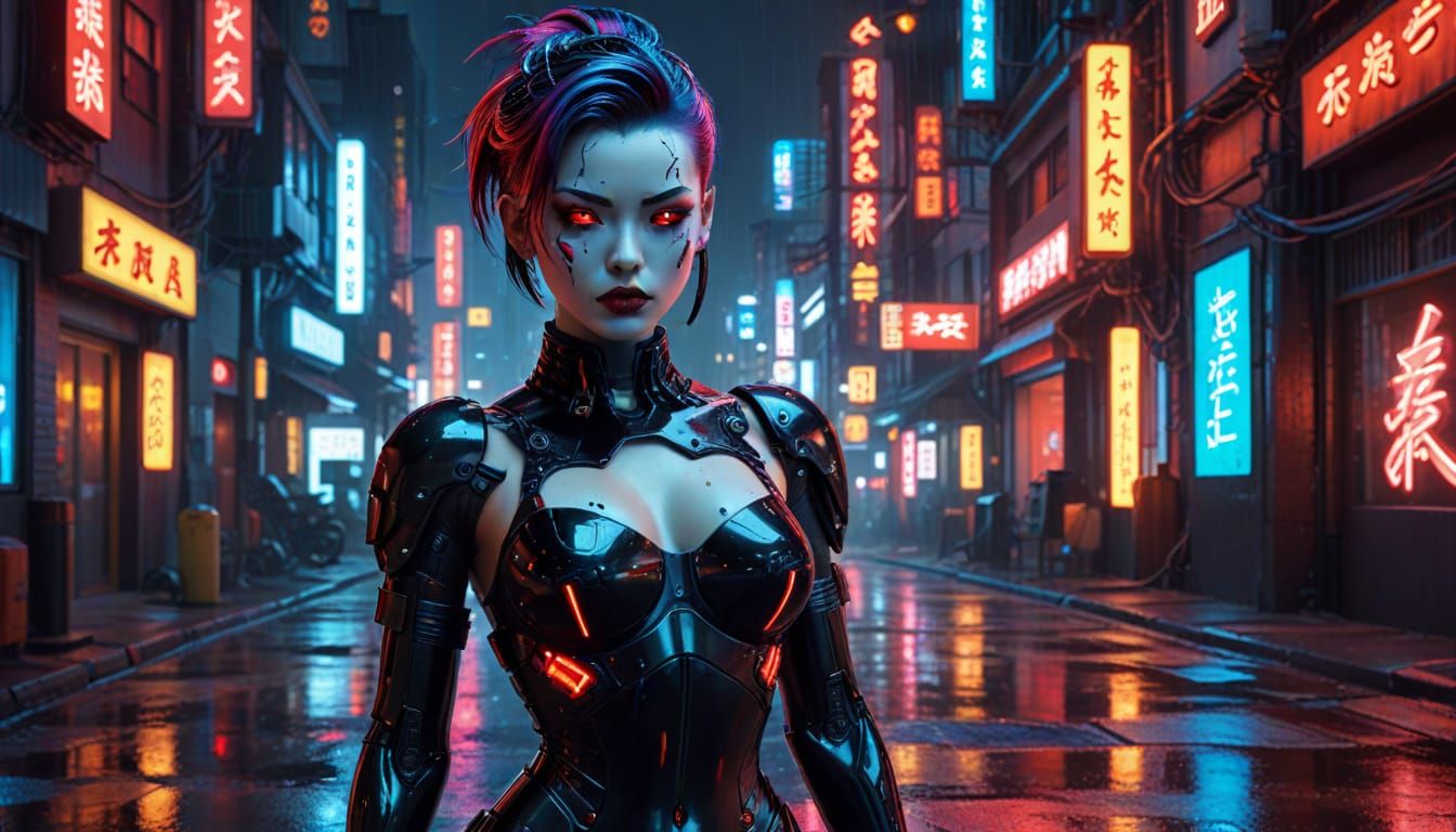 Cyberpunk Android Pinup in a Wet Cityscape