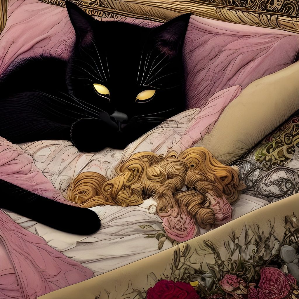 Black Cat and Goddess in Cozy Bed