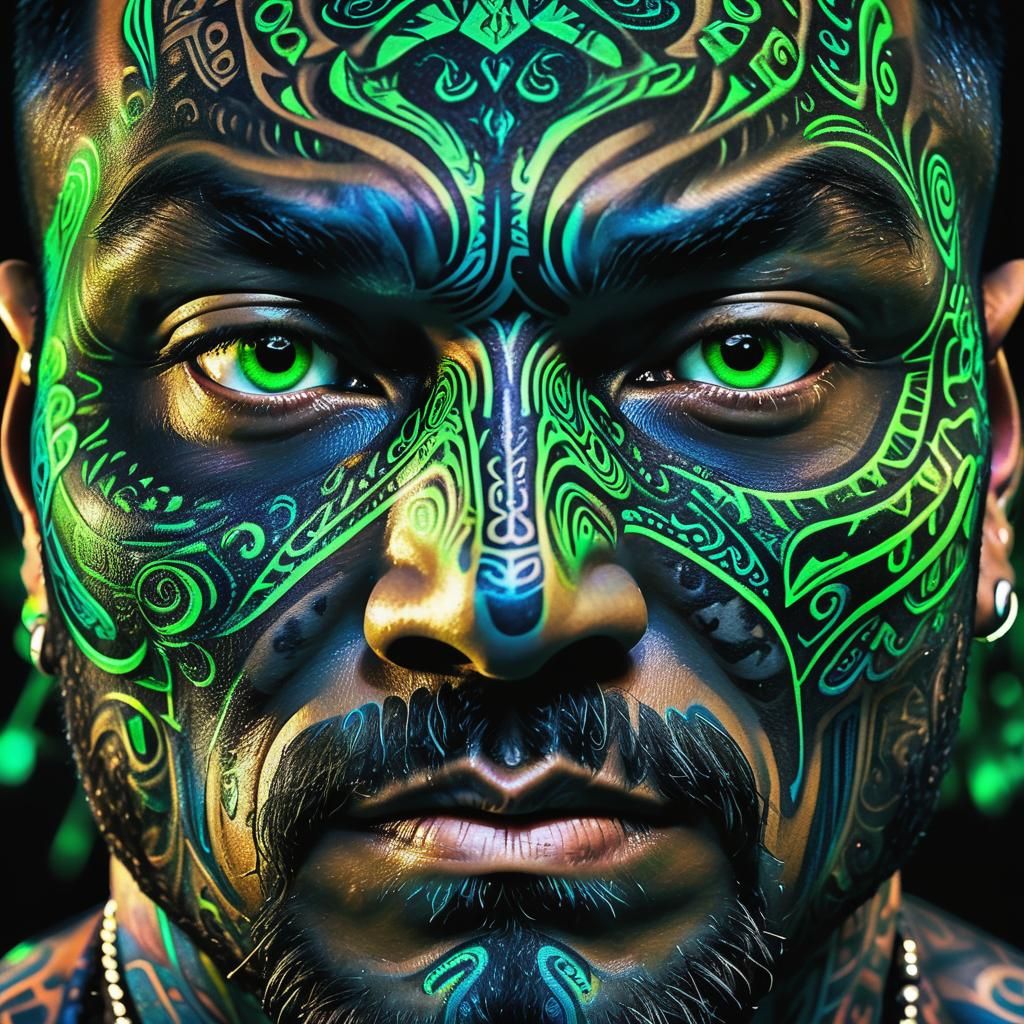 Fluorescent Maori Portrait in Black Light Art