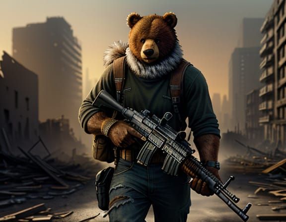 Teddy Bear in Post-Apocalyptic Ruins with AK-47