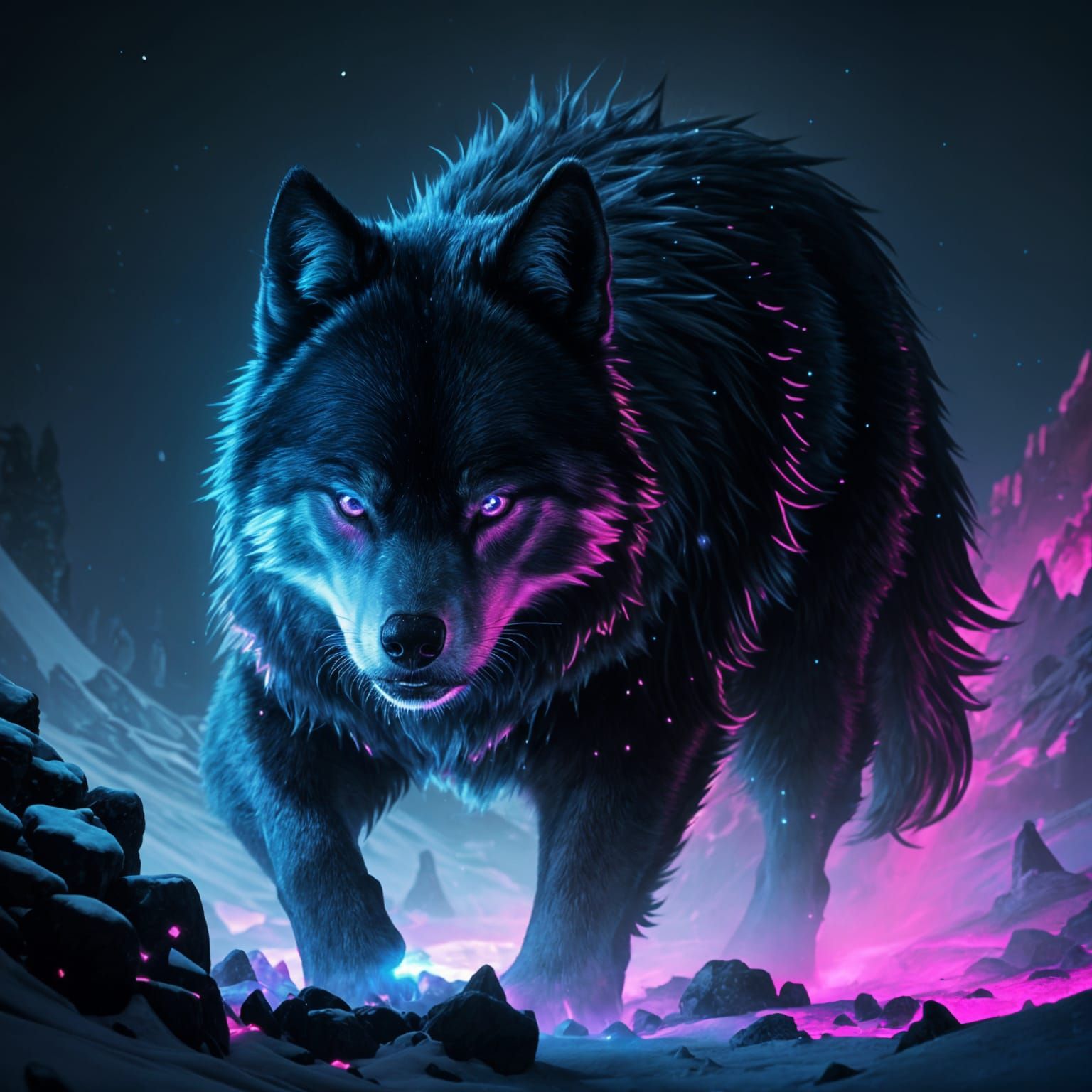Menacing Wolf in Fluorescent Snowscape: Digital Art