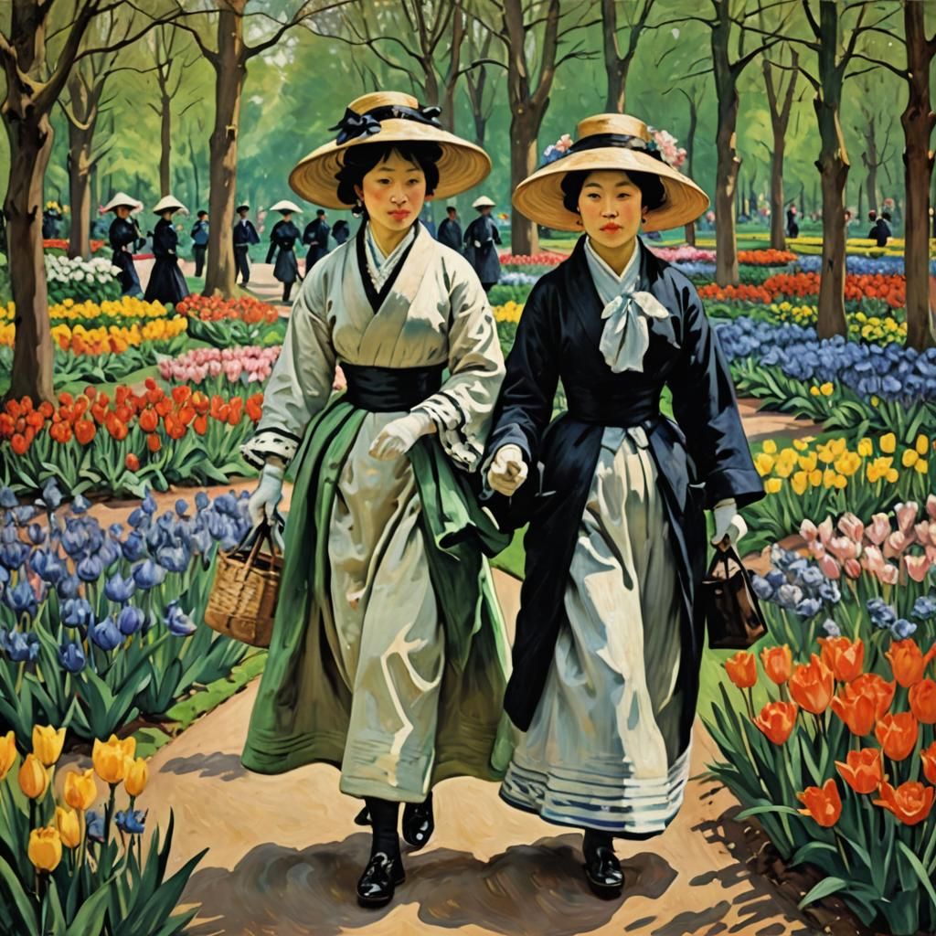 Japanese Women Strolling, Impressionist Painting
