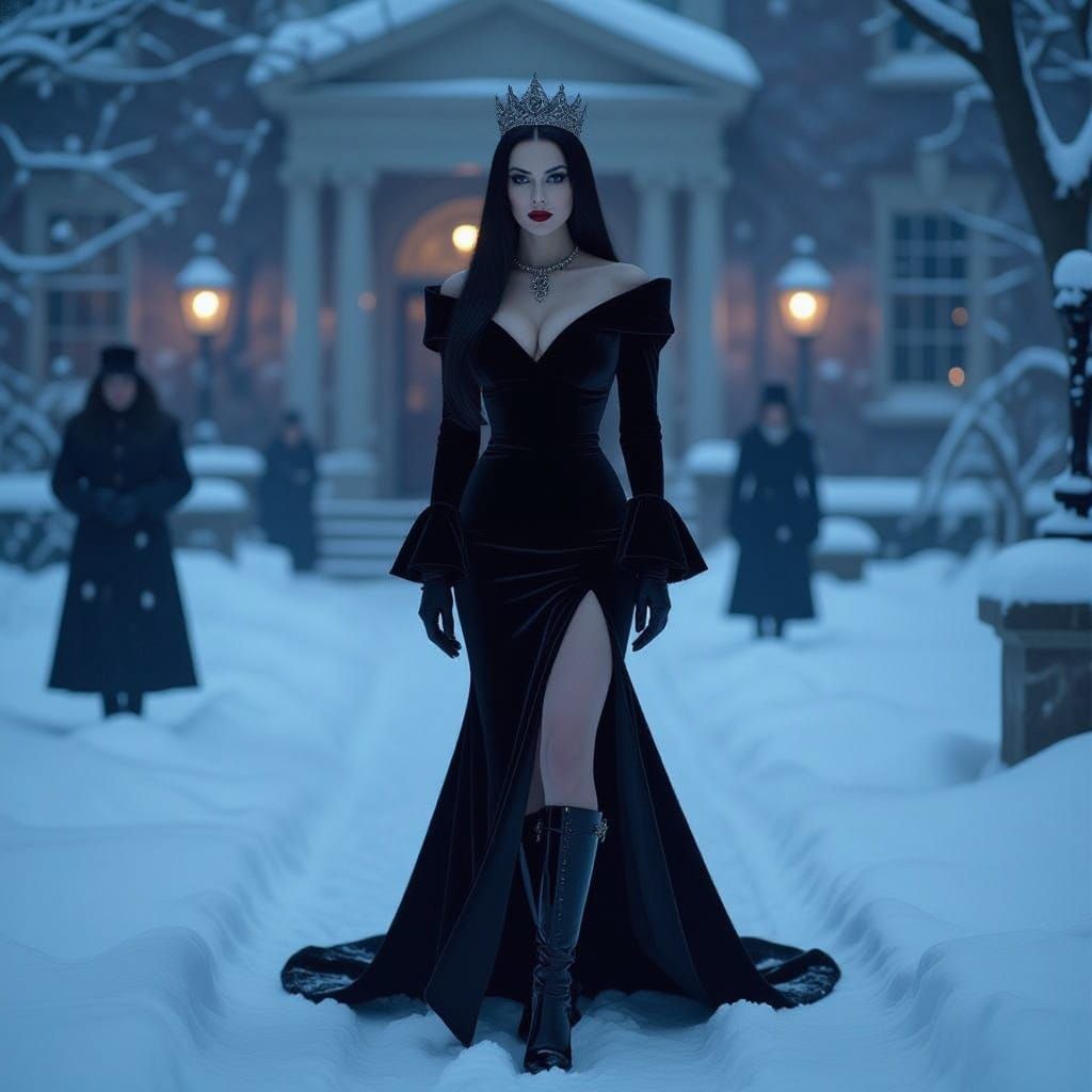 Morticia as the Snake Queen in Cinematic Snowy Funeral Scene