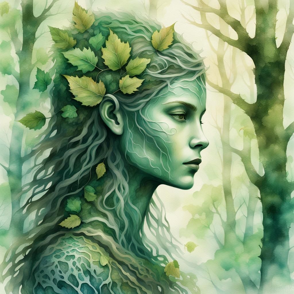 Mystical Forest Dweller Portrait in Watercolor Style