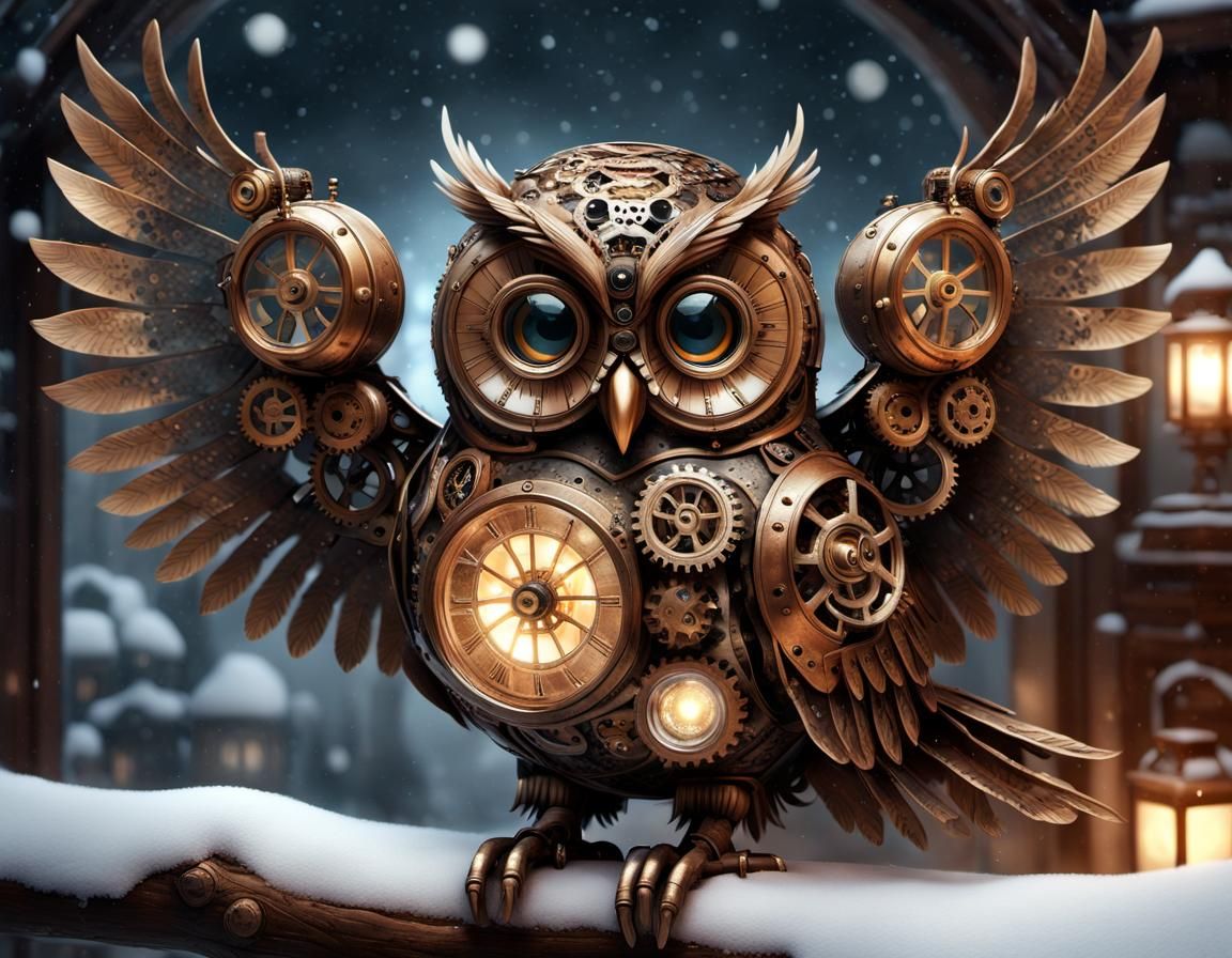 Steampunk Owl on Snowy Branch in Bronze Tones