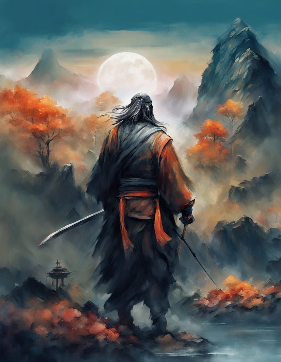 Ancient Warrior in Misty Mountains, in Chinese Ink Painting ...