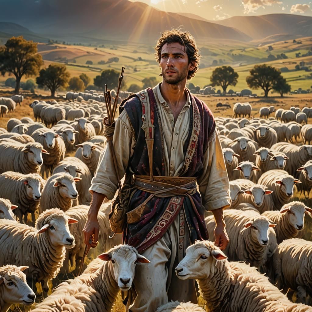 Young Shepherd in Sunlit Field: Realistic Anime Style