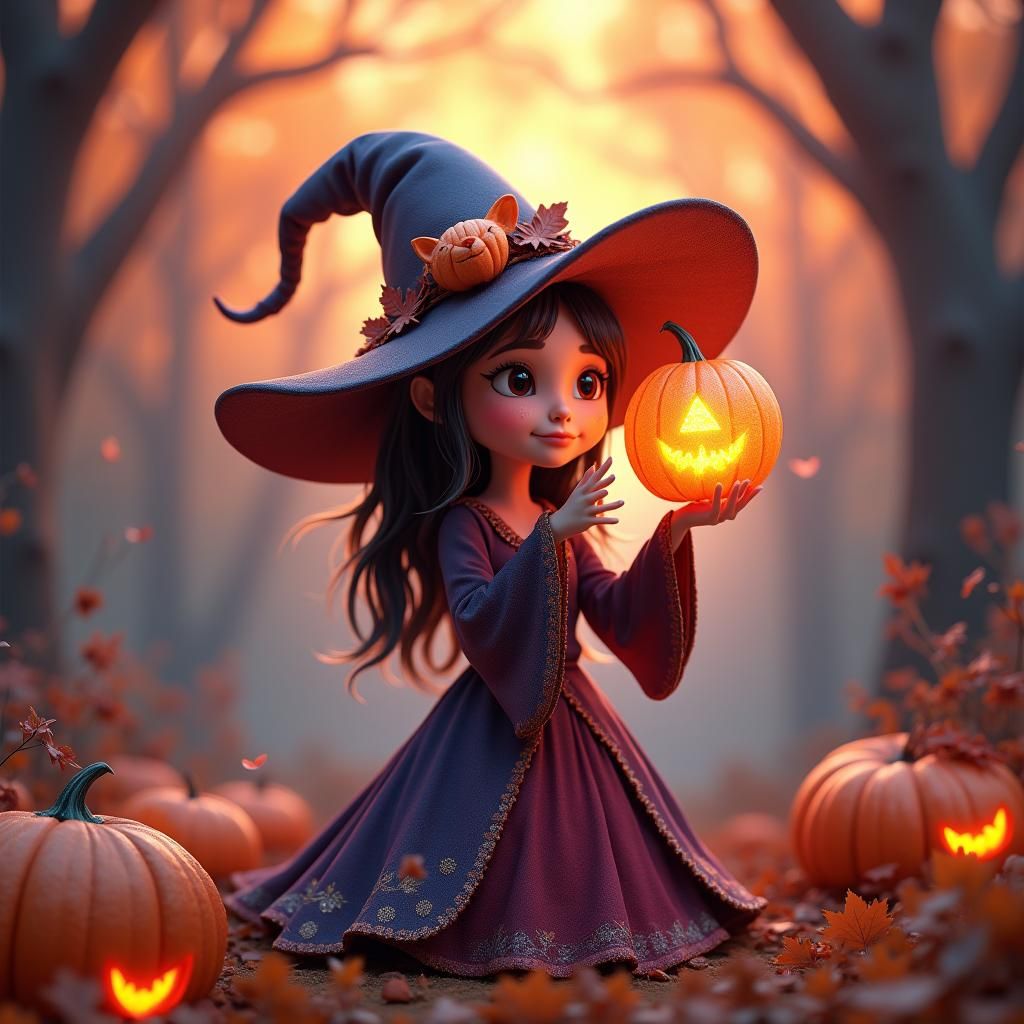 Mystical Witch Embraces Autumn Magic in 3D Render
