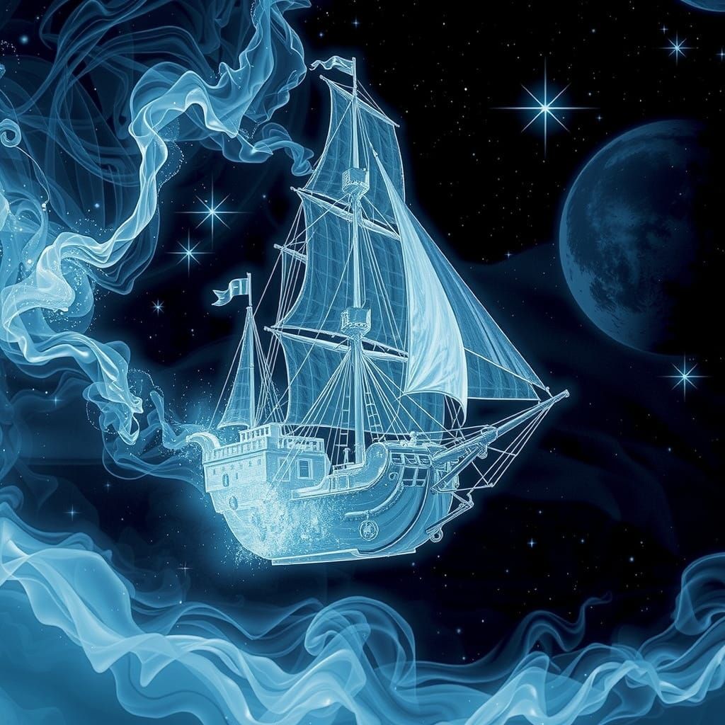 Ethereal Tall Ship Sailing in Starry Night Sky