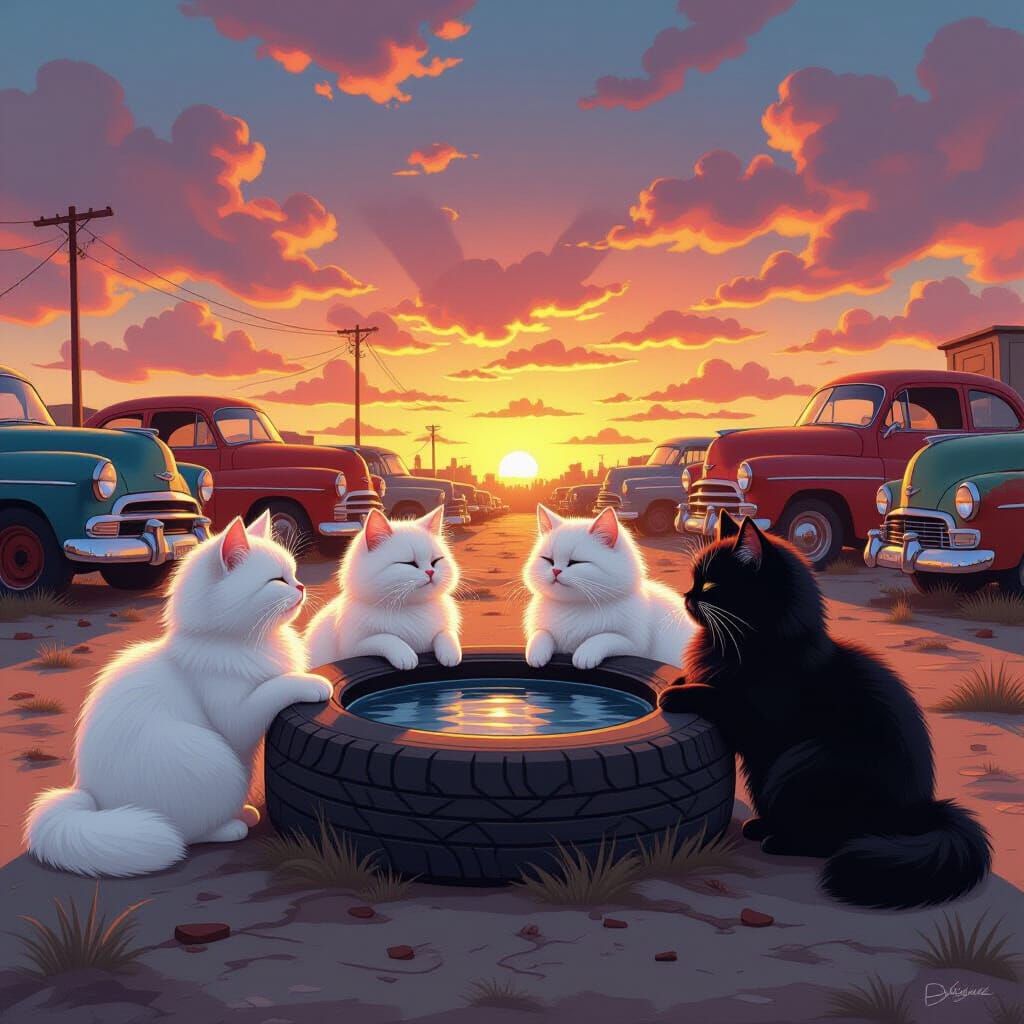 Fluffy Cats Drink Water in Junkyard Sunset
