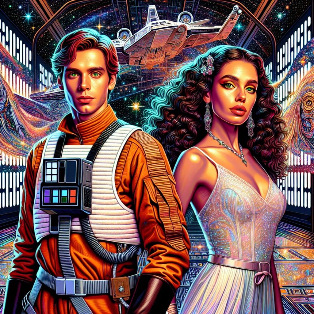 Rebel Pilot and Woman in Holographic Astral Style