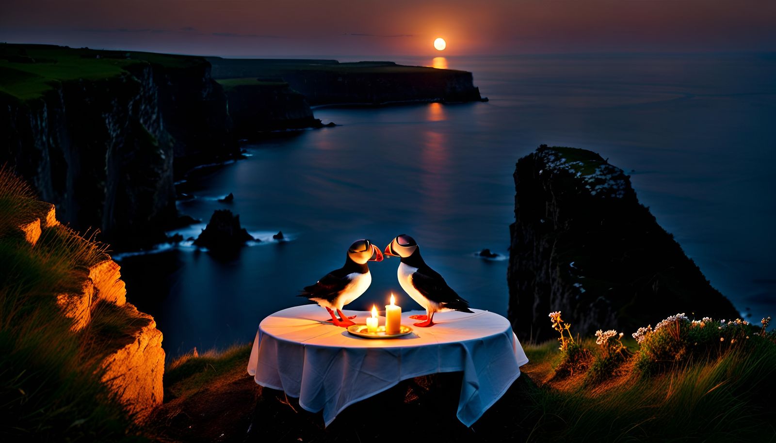 Romantic Candlelit Dinner with Puffins on Cliff