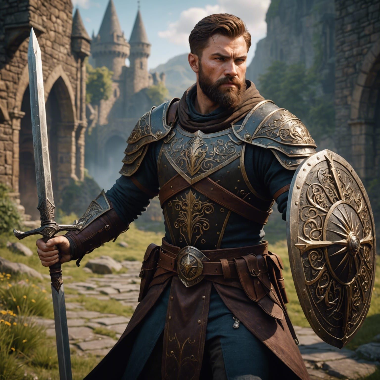 Fantasy Fighter with Sword and Shield: Detailed Digital Art