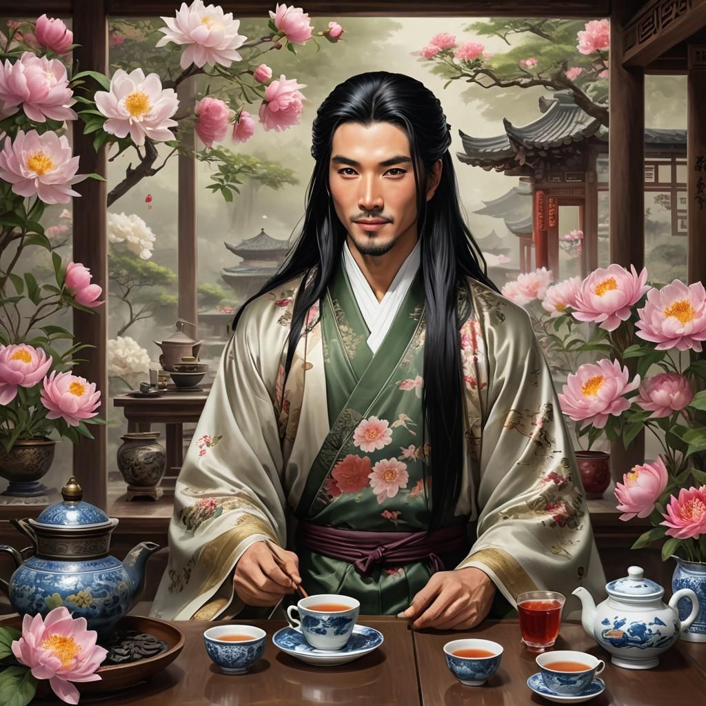 Asian fantasy prince in a tea house