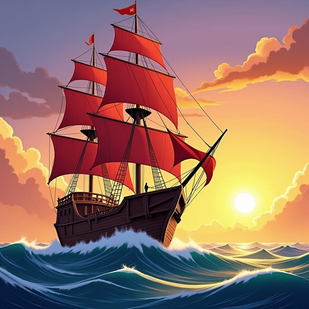 Sunset Ship in Ocean: 2D Game Art Painting
