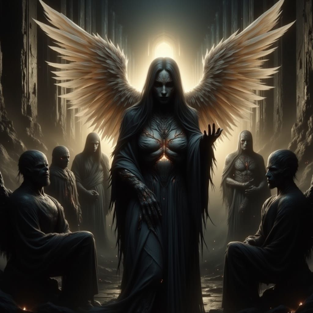 Celestial Goddesses Watch Fallen Angels on Ruined Earth