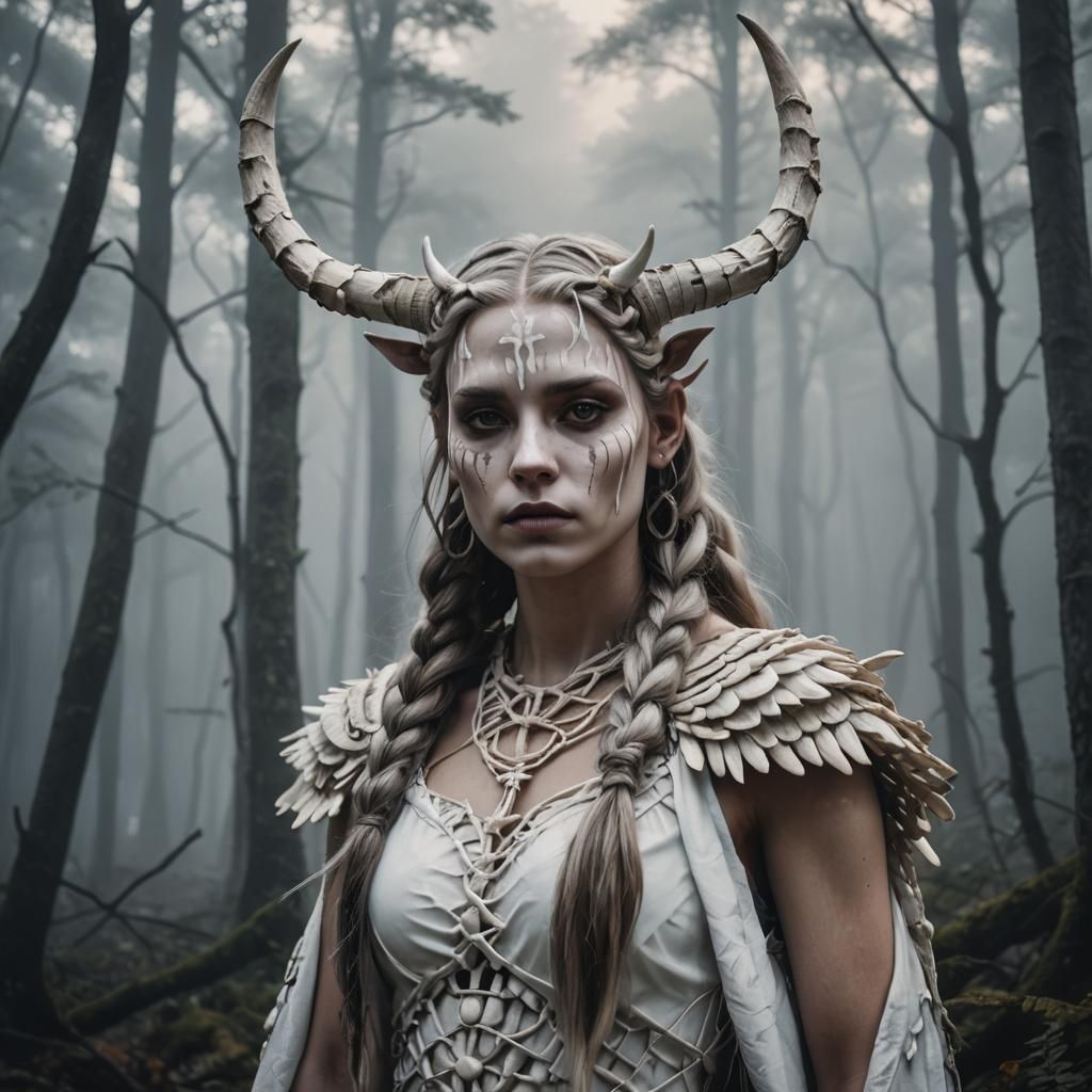 Horned Girl with Marble Skin in Twilight Forest