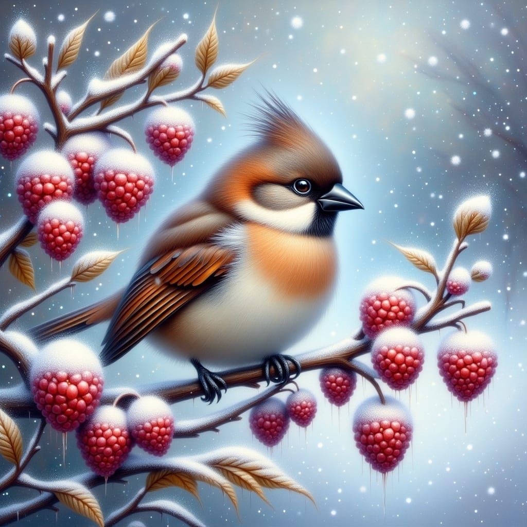 Sparrow in Winter Storm: An Impasto Oil Painting