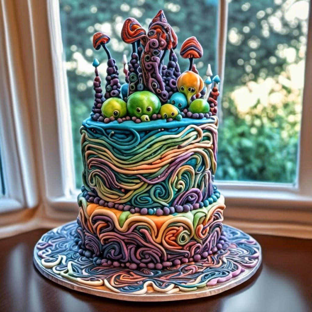 Alien Birthday Cake in Hyperrealistic Paisley Style