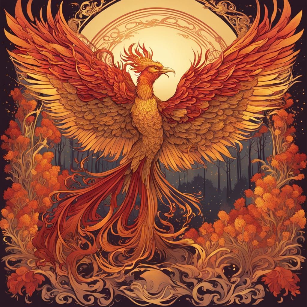 Art Nouveau Phoenix Rising from Ashes in Autumn Colors
