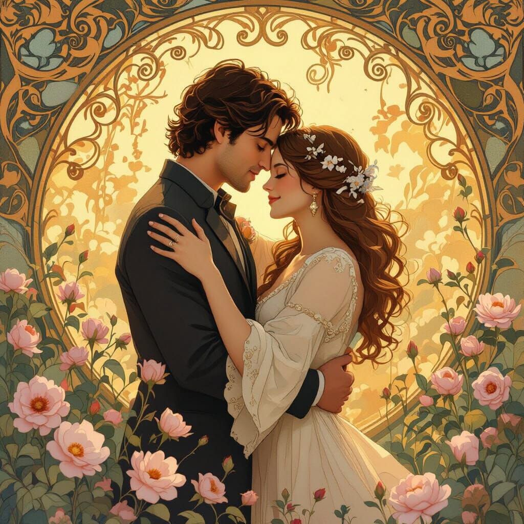 Lovers Embrace in Art Nouveau Style