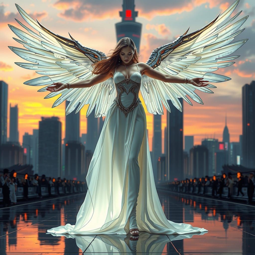 Angel of Metropolitan Dawn in Cyberpunk Aesthetic