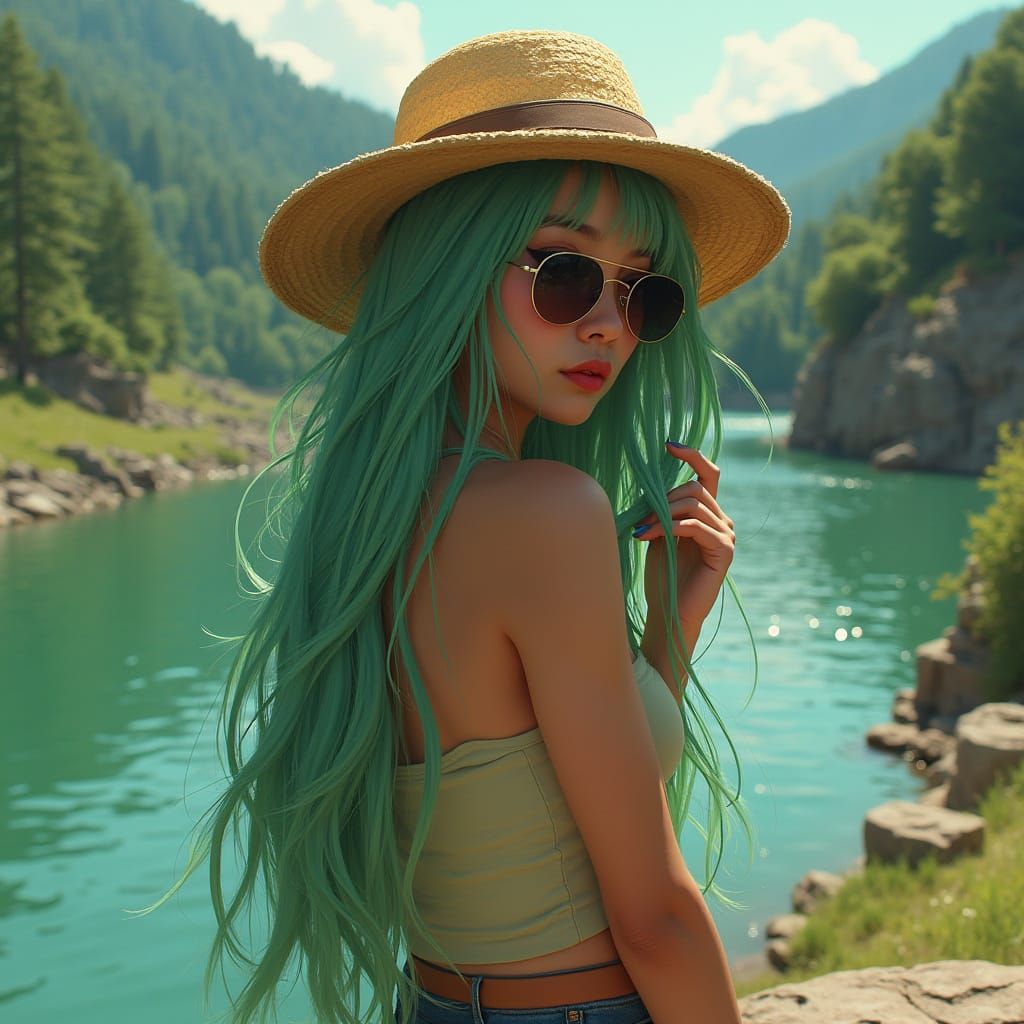 Asian Woman with Blonde Green Hair, Matte Painting Style