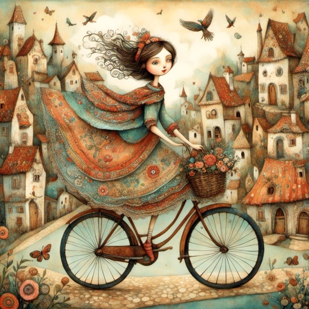 Girl Rides Bike in Shabby Folk Style Town