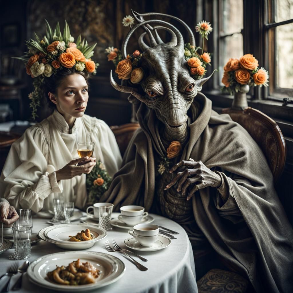 Surreal Restaurant Scene with Exotic Aliens, Professional Ph...