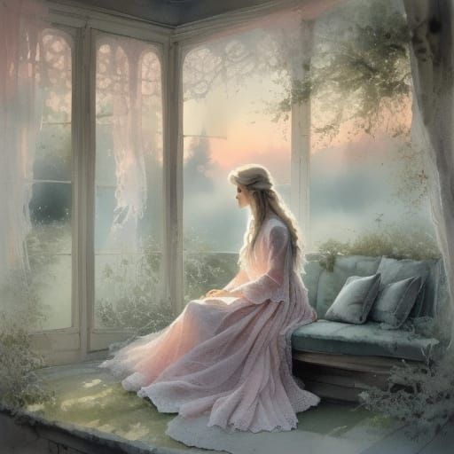 Serene Woman by Tranquil Lake at Dawn Oil Painting