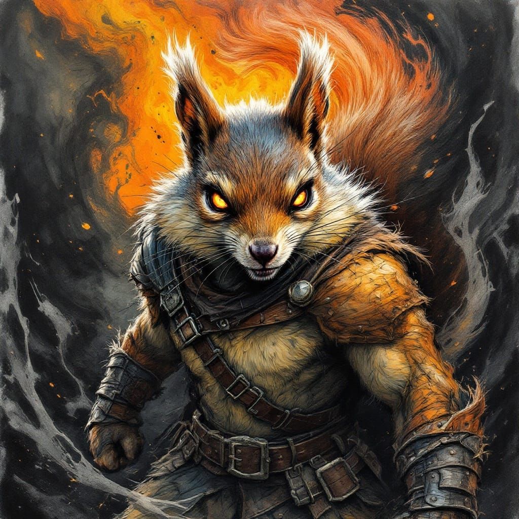 Anthropomorphic Squirrel Warrior in Charcoal Drawing Style