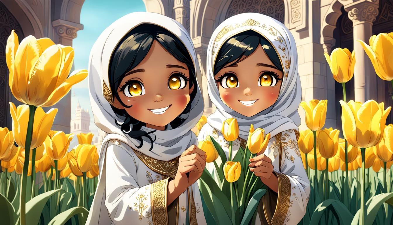 Girl in Hijab Picking Tulip: Fantasy Art