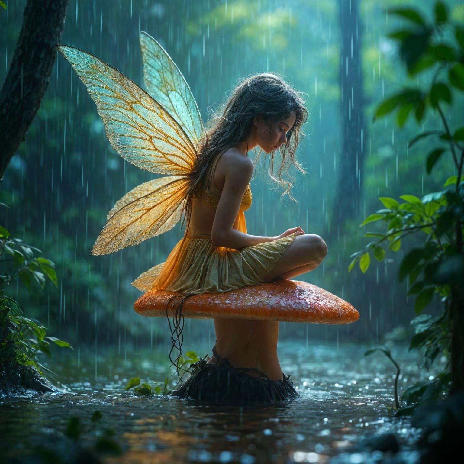 Enchanting Fairy in Rainbow Rain, Hyperrealistic