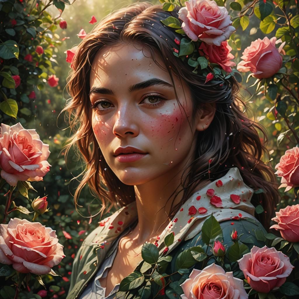 Woman in Rose Garden: Hyperrealistic Splash Art