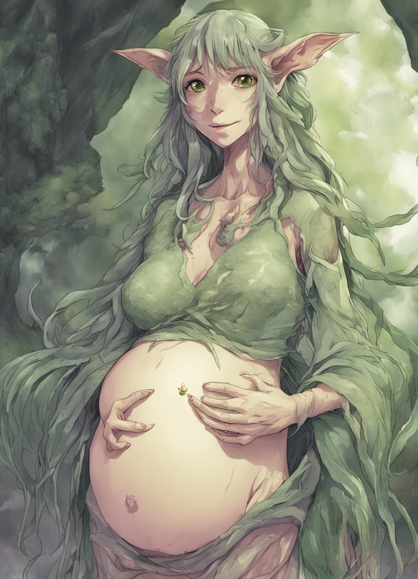 Pregnant Green-Skinned Gelfling in Anime Style