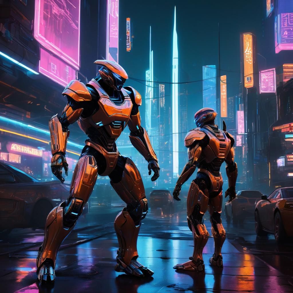 Futuristic Warrior in Neon City, Digital Art