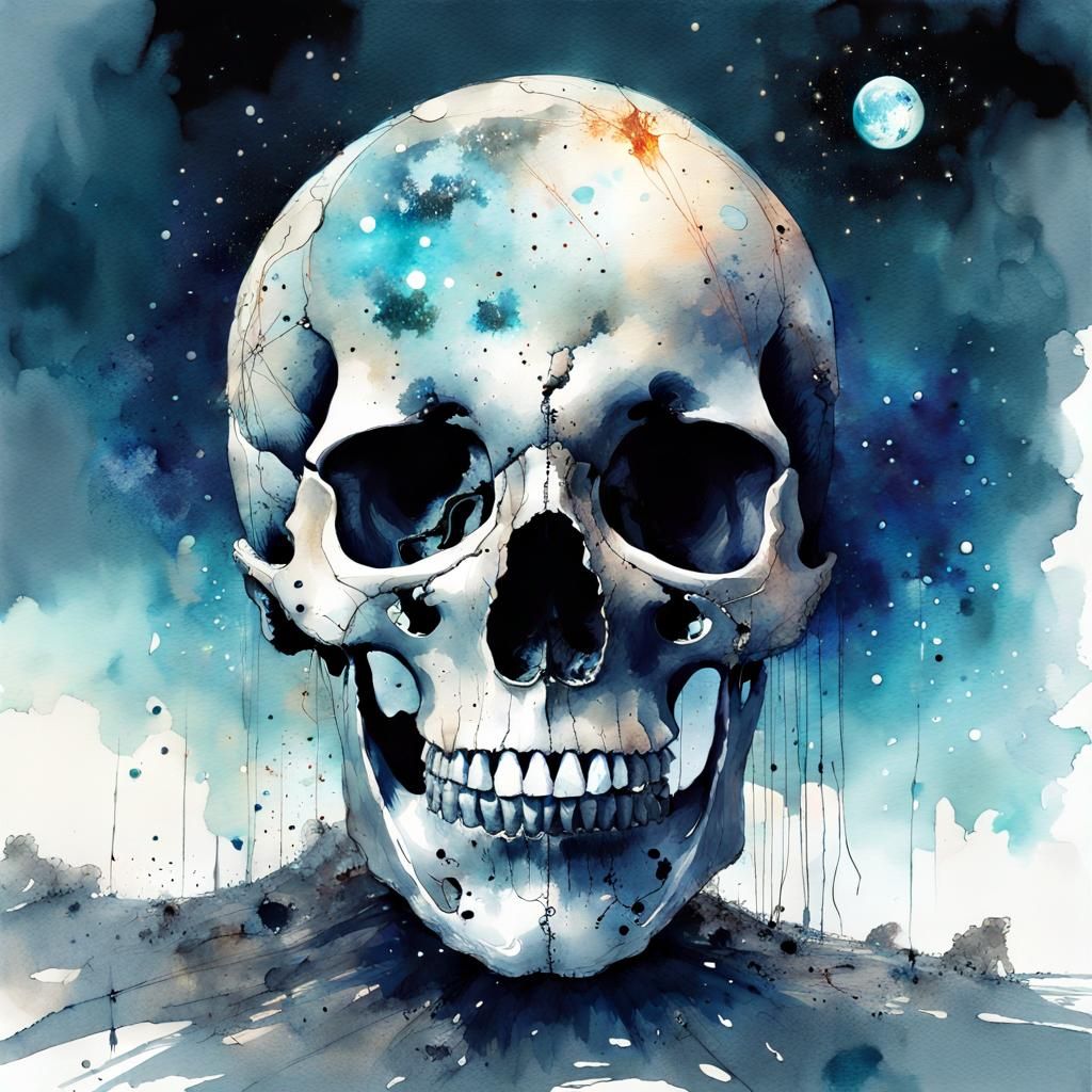 Gigantic Skull on the Moon in Watercolor