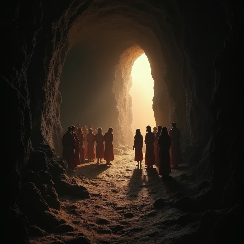 Plato's Cave Allegory: Chained Figures Seek Enlightenment