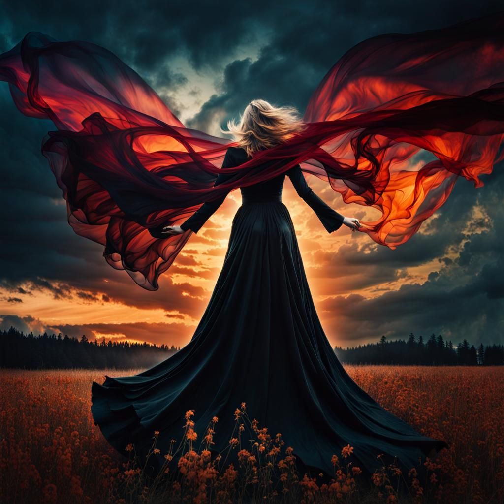 Dark Witch Falling into Shadow in Double Exposure