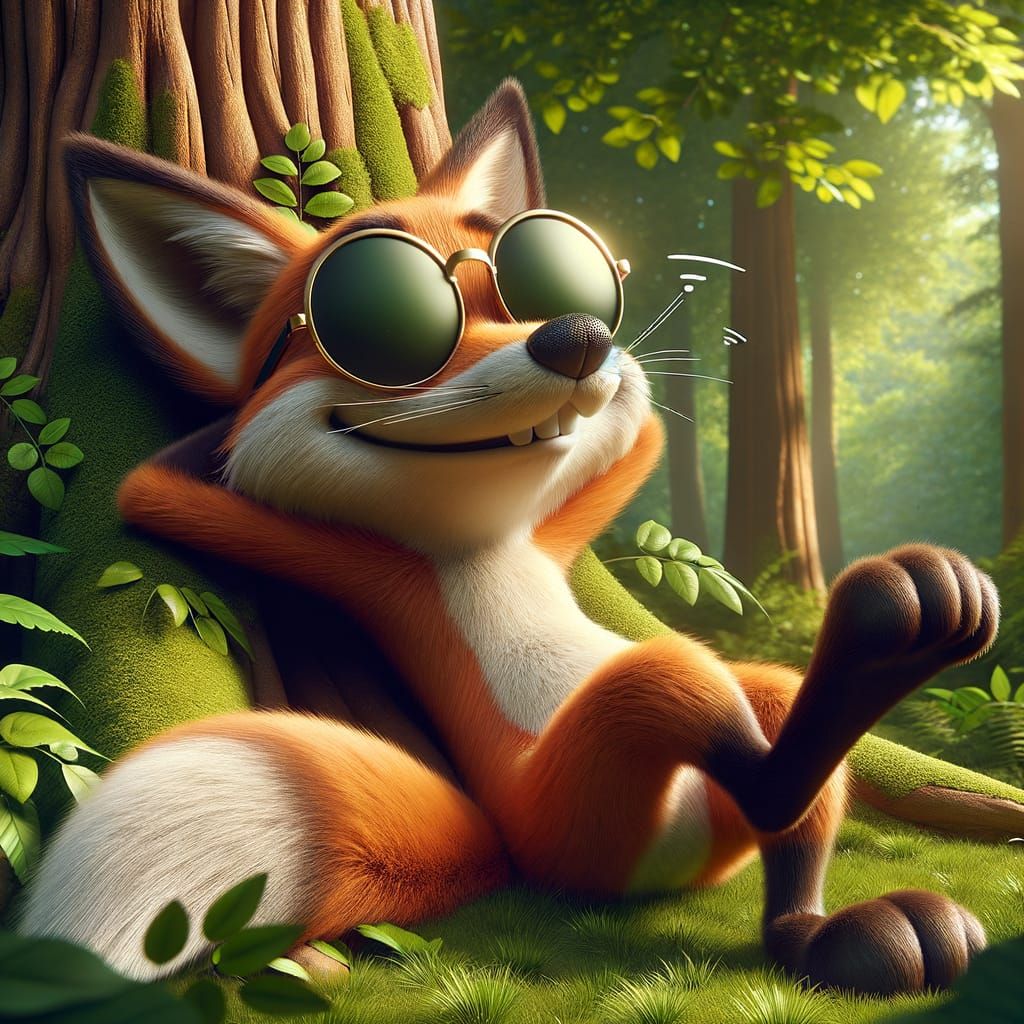 Cartoon Fox Whistling Under Tree in Disney Animation Style
