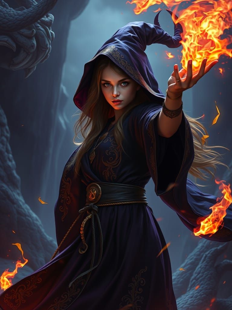 Young Witch Wielding Fire Magic in Dark Fantasy Realm