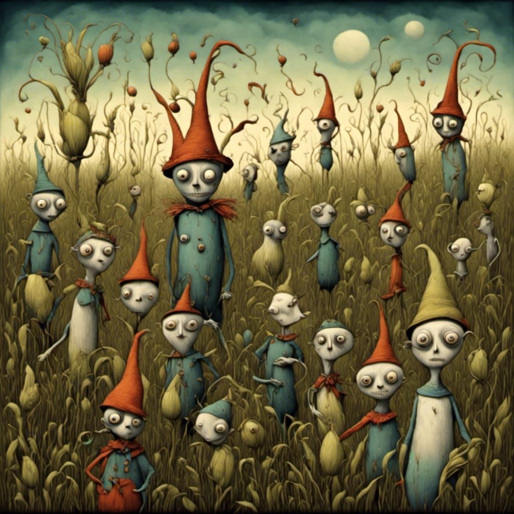 Surreal Fairy Emerges from Cornfield, Whimsical Art