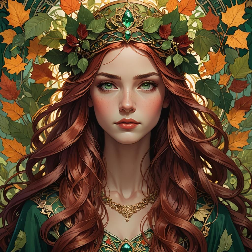 Art Nouveau Portrait of Woman with Leaf Crown