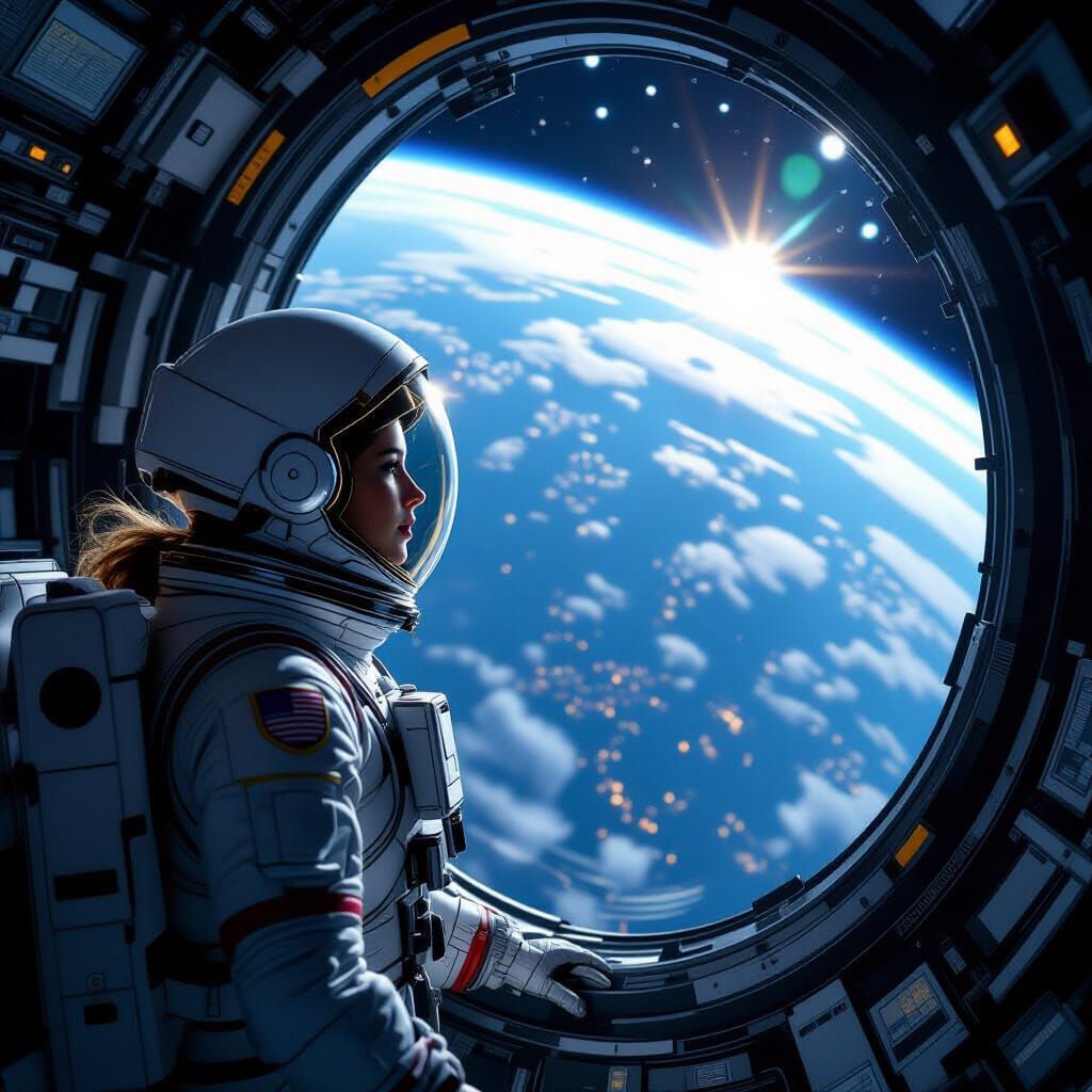 Female Astronaut Views Earth from Space Station in Hyperreal...