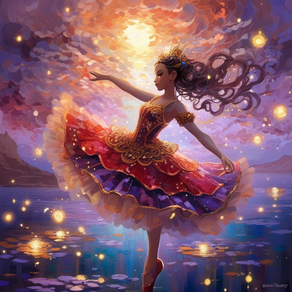 Steampunk Ballerina in Ethereal Landscape at Sunset