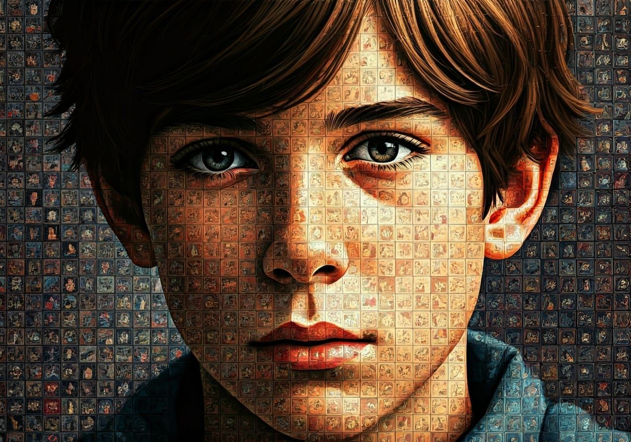 Colorful Mosaic Portrait of Teen Boy as Digital Art
