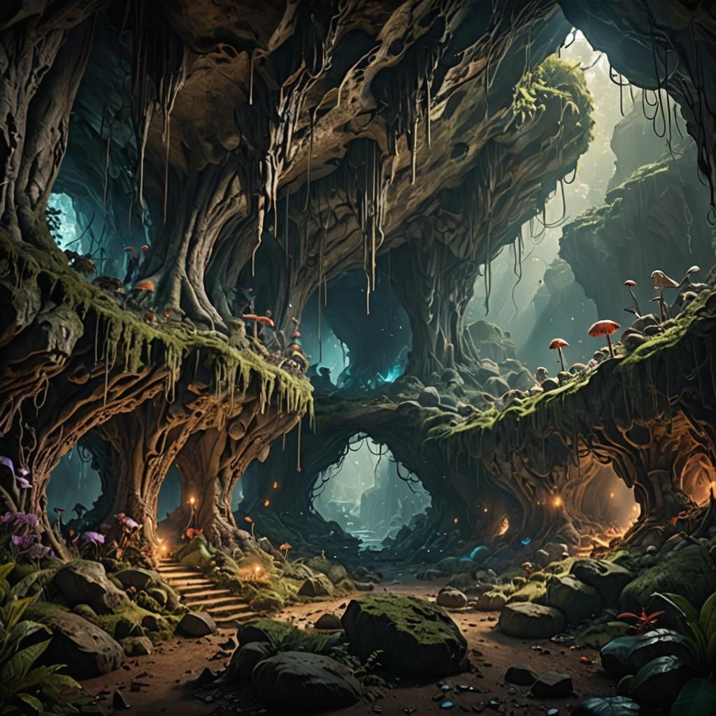 Mystical Creatures in Underground Fantasy Woodland Cave