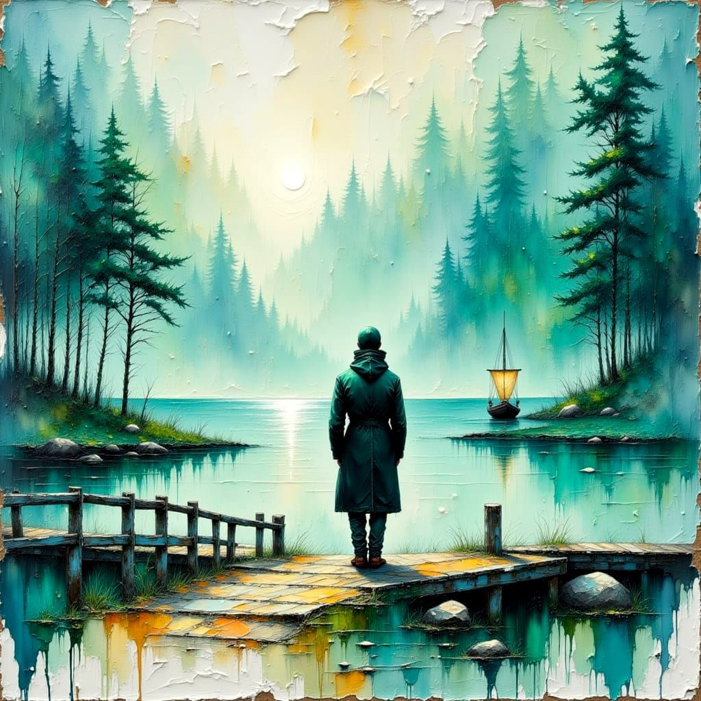 Boat Disappearing: Impasto Oil Painting in Teal and Gold