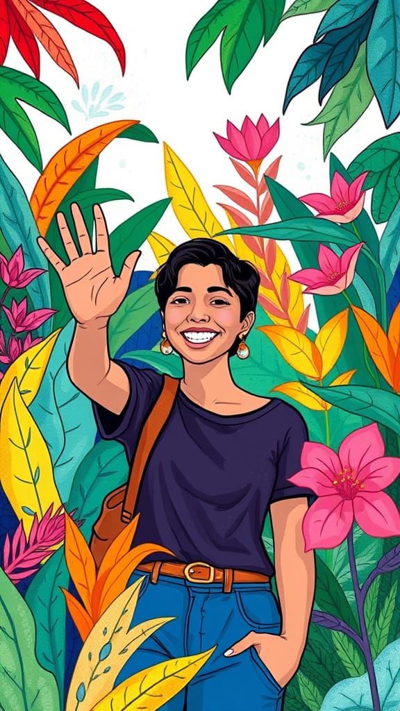 Person Waving in Lush Garden, Illustrative Art Style
