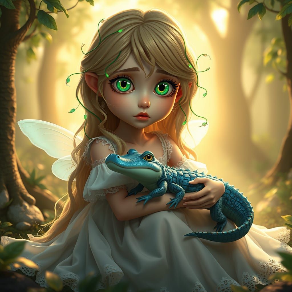 Whimsical Girl in Enchanted Forest with Gentle Crocodile